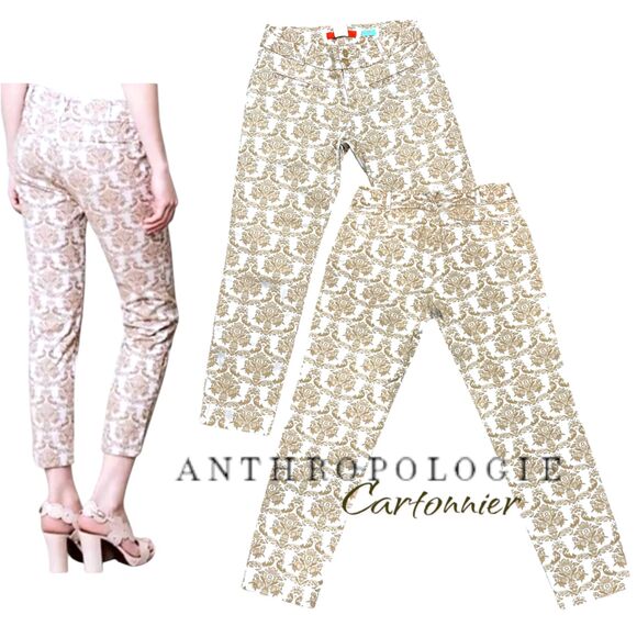 Anthropologie Cartonnier Charlie Ankle Pants | White & Tan Baroque Print Size 4 - Picture 13 of 13